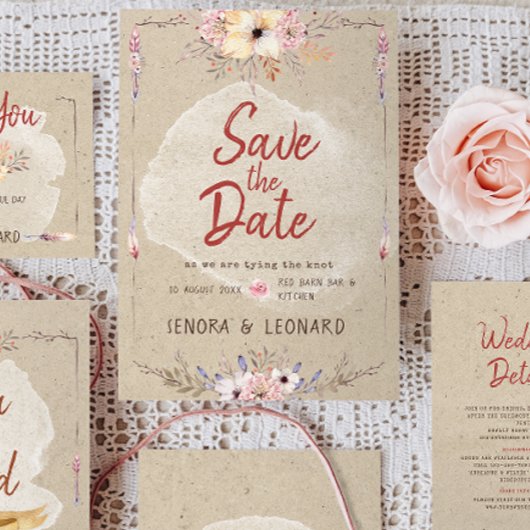Save The Date Rustique Bohème Fleur Kraft Mariage