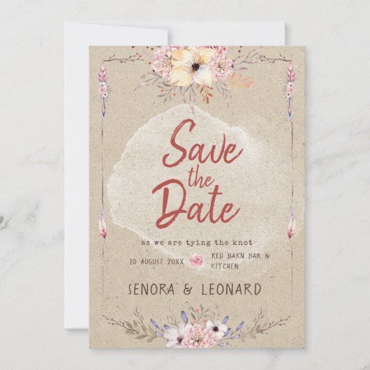 Save The Date Rustique Bohème Fleurs Mariage Kraft (Devant)