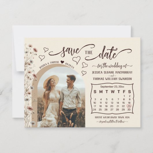 Save The Date Rustique Boho Fleur sauvage Photo & Calendrier Mar (Devant)