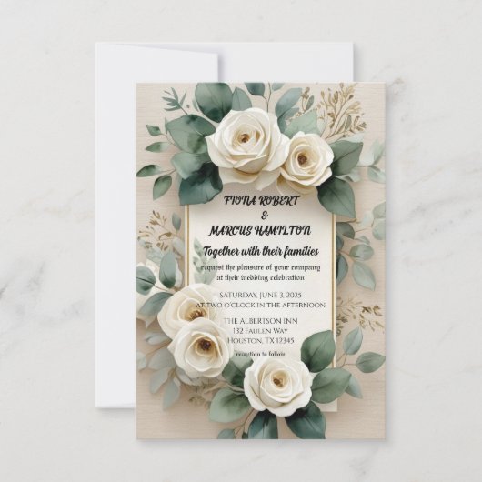 Save The Date Rustique Boho Floral Roses Blanches & Lin Beige (Devant)
