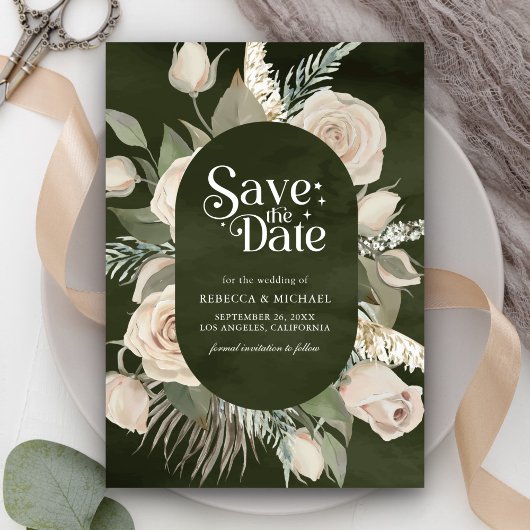 Save The Date Rustique Boho Ivoire Roses Dark Sage Mariage