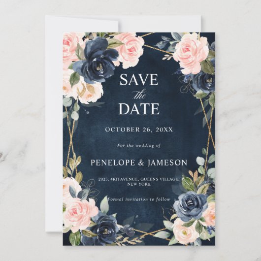 Save The Date Rustique Bois Marine Bleu Mariage géométrique Enre (Devant)