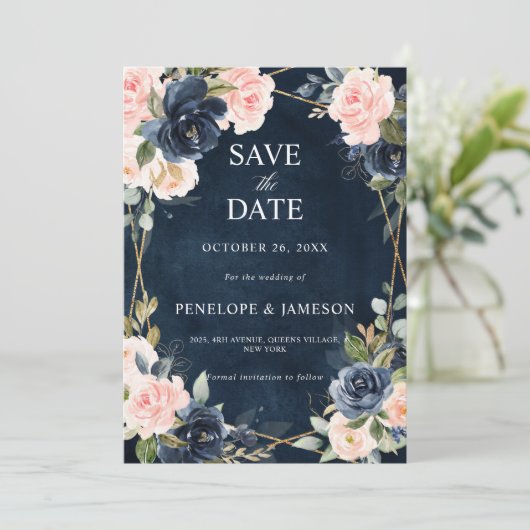 Save The Date Rustique Bois Marine Bleu Mariage géométrique Enre (Debout devant)