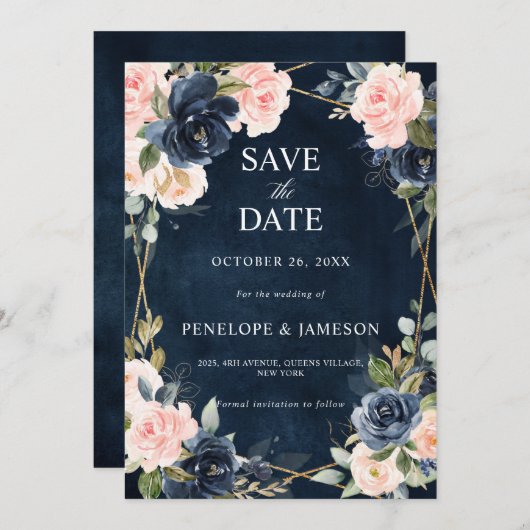 Save The Date Rustique Bois Marine Bleu Mariage géométrique Enre (Devant / Derrière)