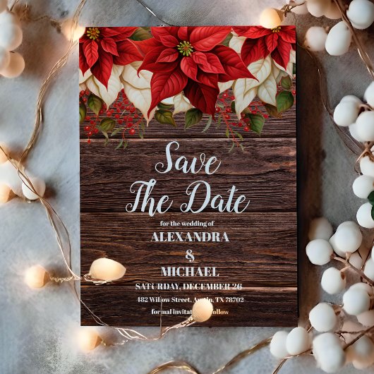 Save The Date Rustique Bois Poinsettia Floral Mariage de Noël