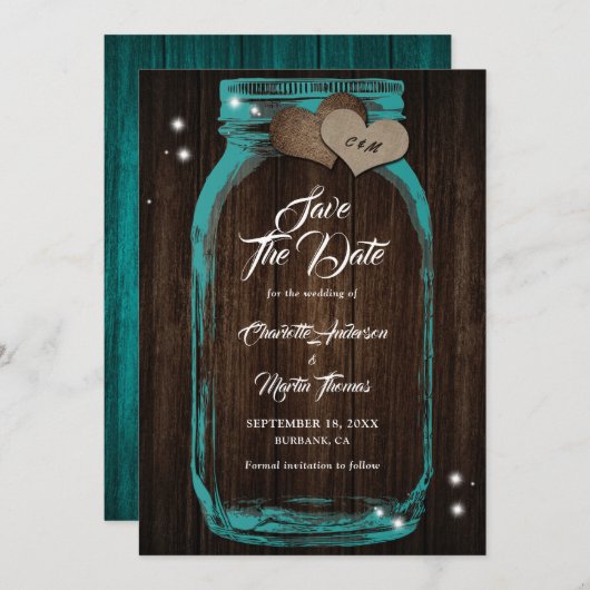 Save The Date Rustique bois Turquoise Mason Jar Mariage (Devant / Derrière)