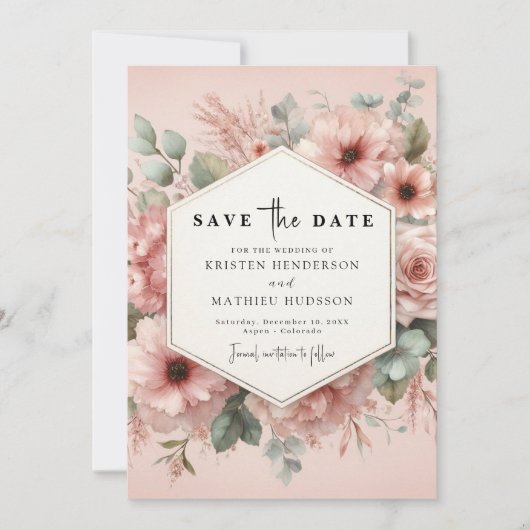 Save The Date Rustique Botanique rose Mariage Floral (Devant)