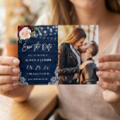 Save The Date Rustique Bourgogne Bleu Lumières à cordes Mariage 