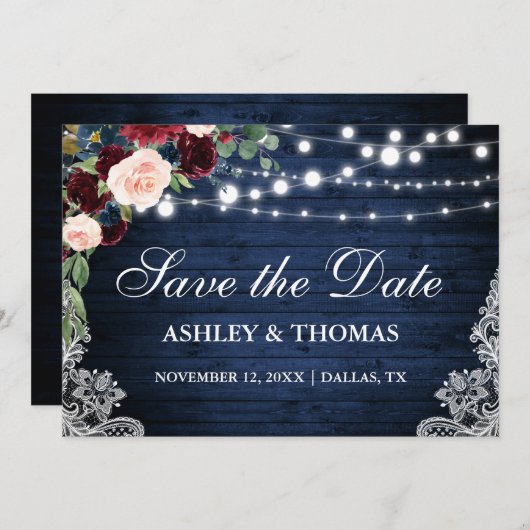 Save The Date Rustique Bourgogne Floral Bleu Bois Enregistrer la (Devant / Derrière)