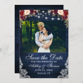 Save The Date Rustique Bourgogne Floral Bleu Lumières en Bois Ph (Devant / Derrière)