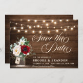 Save The Date Rustique Bourgogne Floral Lights Mason Jar (Devant / Derrière)