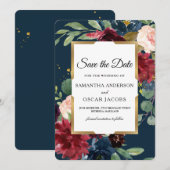 Save The Date Rustique Bourgogne & Marine Floral Gold Frame (Devant / Derrière)