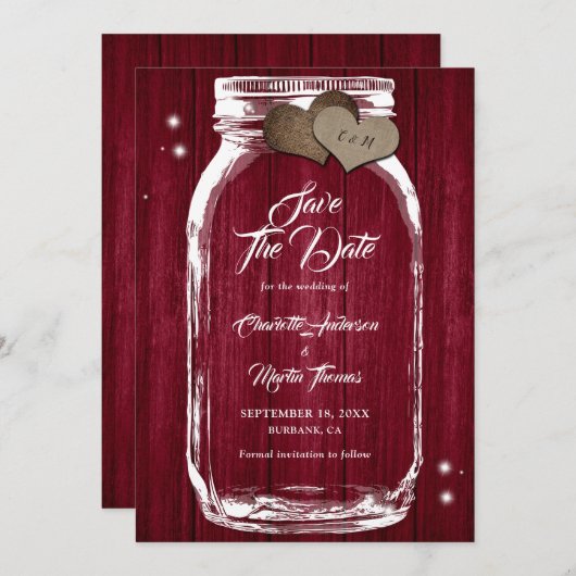 Save The Date Rustique Bourgogne Mason Jar Mariage Enregistrer L (Devant / Derrière)