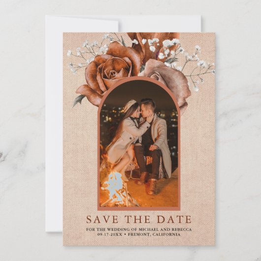 Save The Date Rustique Burlap Brûlé Orange Rose Mariage en terre (Devant)