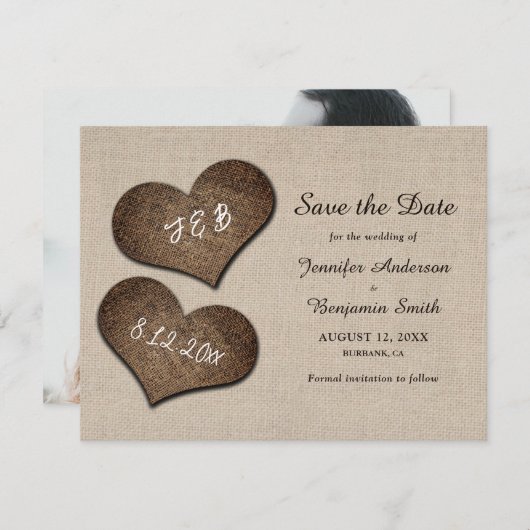 Save The Date Rustique Burlap Coeurs Mariage Enregistrer La Date (Devant / Derrière)