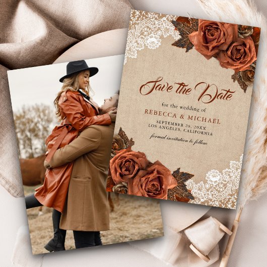 Save The Date Rustique Burlap Dusty Terracotta Rose Photo Mariag