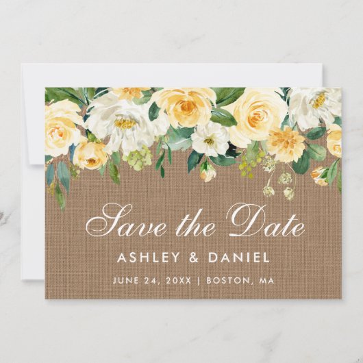 Save The Date Rustique Burlap Jaune Or Blanc Floral (Devant)