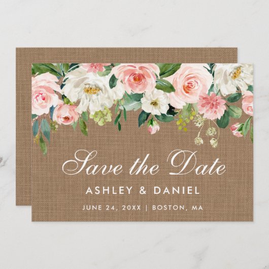 Save The Date Rustique Burlap Rose Blanc Floral Enregistrer La C (Devant / Derrière)