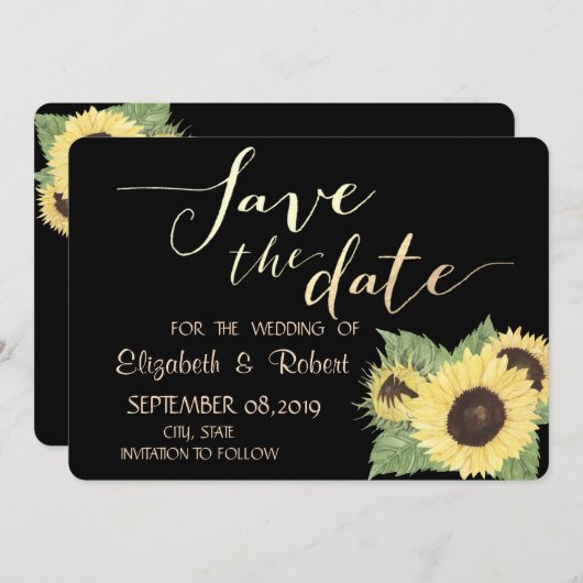 Save The Date Rustique Chic Black, Tournesols Enregistrer La Dat (Devant / Derrière)