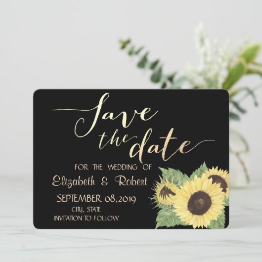 Save The Date Rustique Chic Black, Tournesols Enregistrer La Dat (Debout devant)