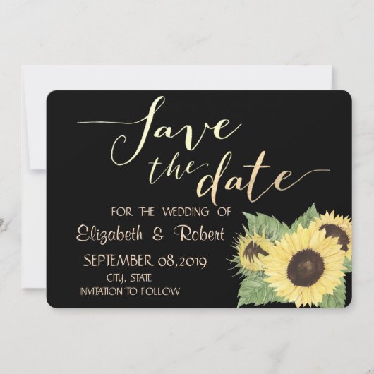 Save The Date Rustique Chic Black, Tournesols Enregistrer La Dat (Devant)