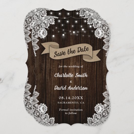 Save The Date Rustique Chic Mariage de dentelle en bois Burlap (Devant / Derrière)