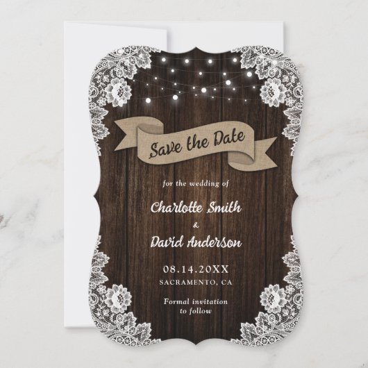 Save The Date Rustique Chic Mariage de dentelle en bois Burlap (Devant)