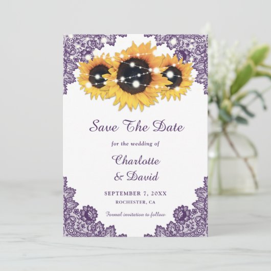 Save The Date Rustique Chic Mariage de tournesol violet (Debout devant)