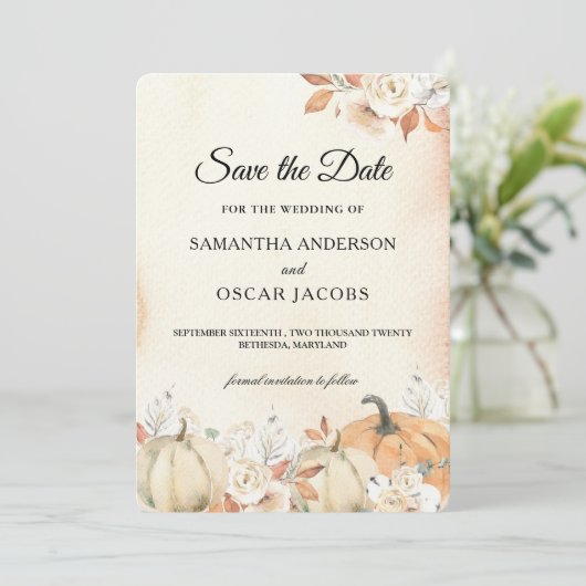 Save The Date Rustique Citrouilles et fleurs d'automne (Debout devant)