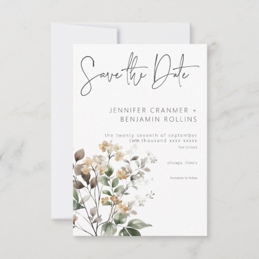 Save The Date Rustique Delicate Tan Fall Fleur sauvage Mariage (Devant)