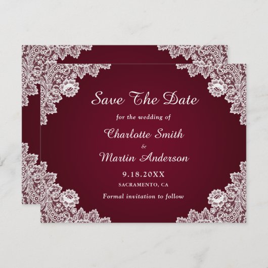 Save The Date Rustique Dentelle Bourgogne Mariage Enregistrer Le (Devant / Derrière)