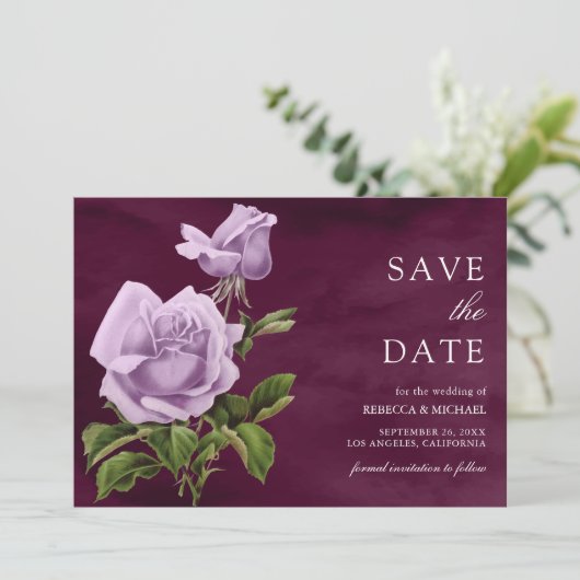 Save The Date Rustique Dusty violet Rose Floral Plum Mariage (Debout devant)