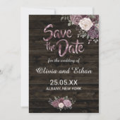 Save The Date Rustique Dusty violet Rose Floral sur bois foncé (Devant)