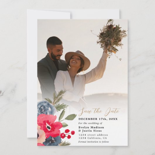 Save The Date Rustique Elégant hiver Floral mariage (Dos)