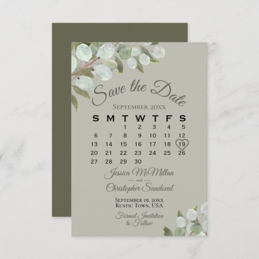 Save The Date Rustique Eucalyptus Calendrier de la verdure Maria (Devant / Derrière)