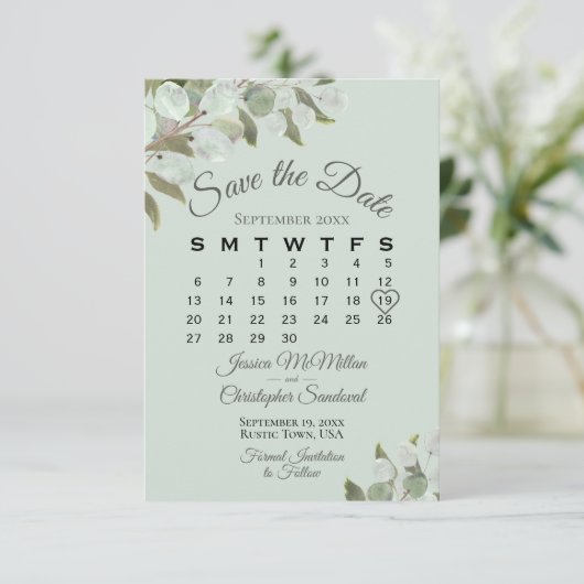 Save The Date Rustique Eucalyptus Calendrier vert Mariage de la  (Debout devant)