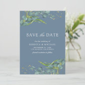 Save The Date Rustique Eucalyptus Photo Dusty Mariage bleu (Debout devant)