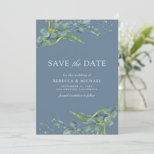 Save The Date Rustique Eucalyptus Photo Dusty Mariage bleu (Debout devant)