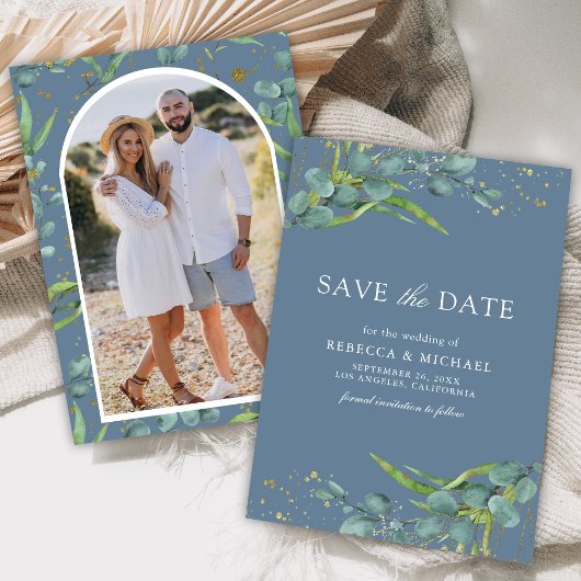Save The Date Rustique Eucalyptus Photo Dusty Mariage bleu