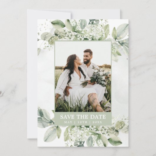 Save The Date Rustique Eucalyptus Sage Green Foliing Photo (Devant)