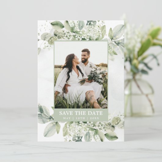 Save The Date Rustique Eucalyptus Sage Green Foliing Photo (Debout devant)
