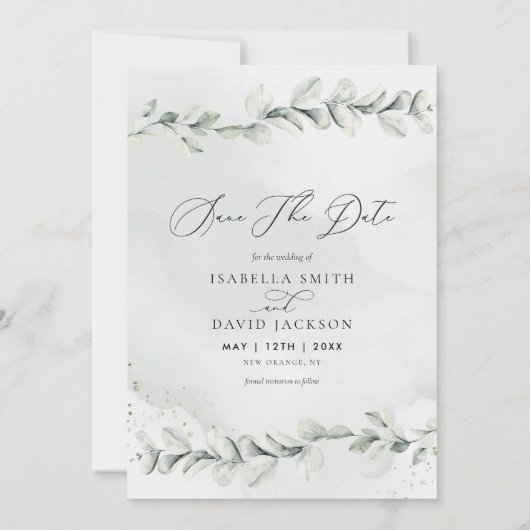 Save The Date Rustique Eucalyptus Sage Green Foliing Photo (Dos)