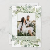 Save The Date Rustique Eucalyptus Sage Green Foliing Photo (Devant / Derrière)