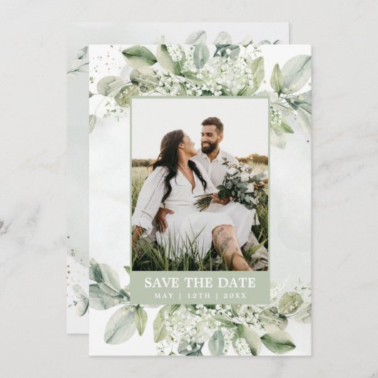 Save The Date Rustique Eucalyptus Sage Green Foliing Photo (Devant / Derrière)