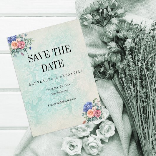 Save The Date Rustique Faded Damask et Mariage Rose