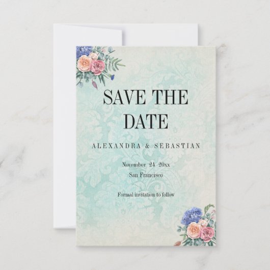 Save The Date Rustique Faded Damask et Mariage Rose (Devant)