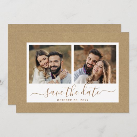 Save The Date Rustique Faux Kraft Papier Mariage Or 2 Photo (Devant / Derrière)