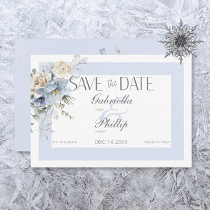 Save The Date Rustique Floral Bleu et Blanc de l'Hiver Givré