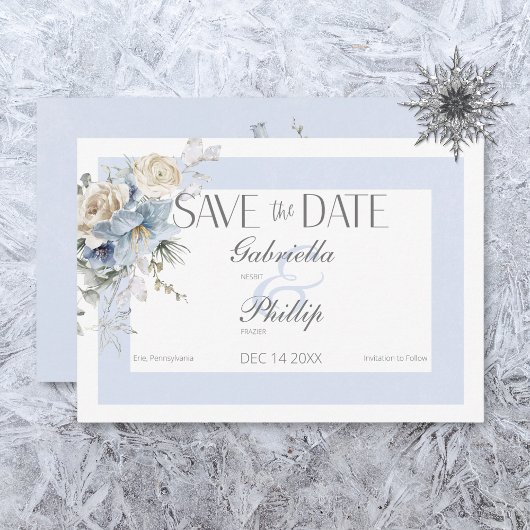 Save The Date Rustique Floral Bleu et Blanc de l'Hiver Givré