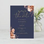 Save The Date Rustique Floral Navy Mariage Photo Bleu Et Or (Debout devant)